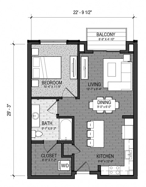 Floor plan for 1 bed, 1 bath, 696 sqft